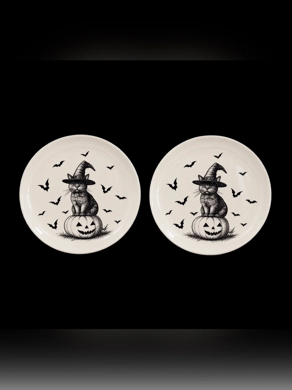 Halloween Cat & Pumpkin Ceramic Plate Black on Cream (Set of 2)